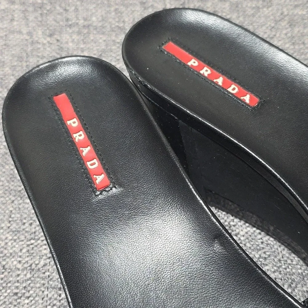 Prada Sport Authentic Solid Black Leather Platform Wedge Slides Sandals 36.5
